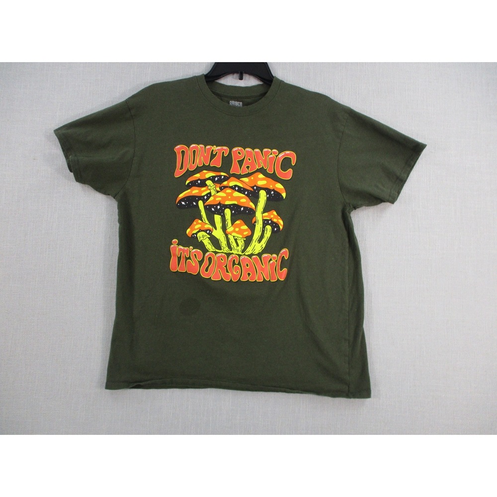 Arisco Dont Panic Its Organic Mushroom Graphic Tee‎ Shirt Olive Green Womens XL